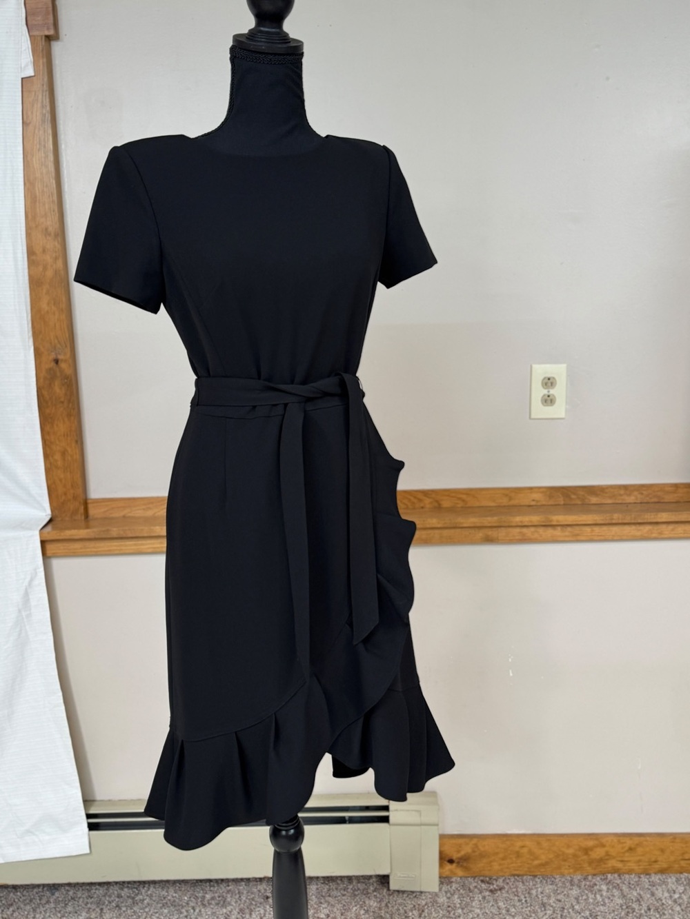 Fashion Nova Black Short-Sleeve Midi Wrap Dress with Ruffle Hem